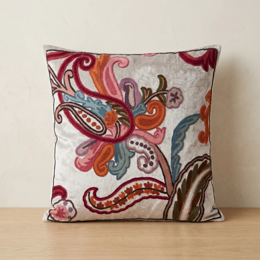 Beige Floral Hand Embroidered Kashmiri Crewel 16×16 Cushion Cover