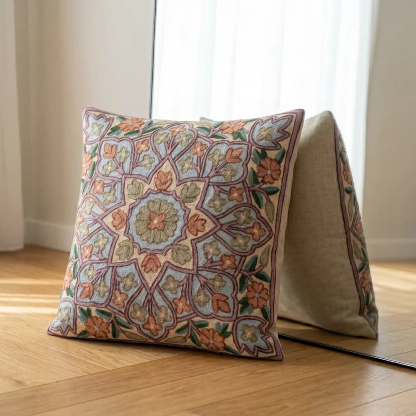 Heritage Motif Hand Embroidered Kashmiri Crewel 16×16 Cushion Cover