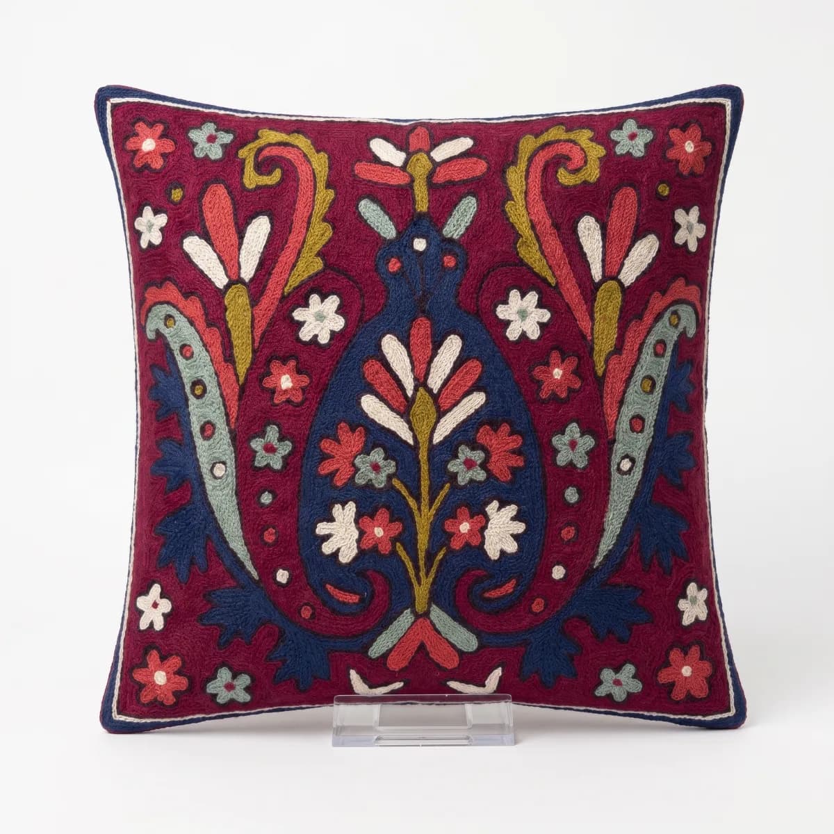 Ivory Hand Embroidered Kashmiri Crewel 16×16 Cushion Cover — view 1