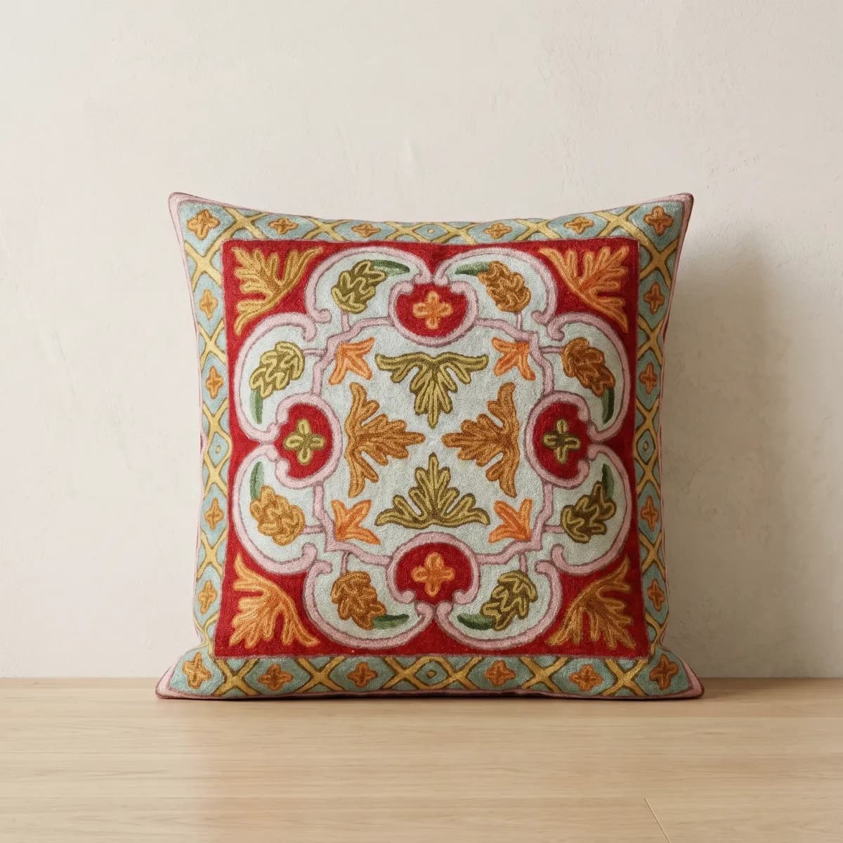 Mustard Vine Hand Embroidered Kashmiri Crewel 16×16 Cushion Cover — view 1
